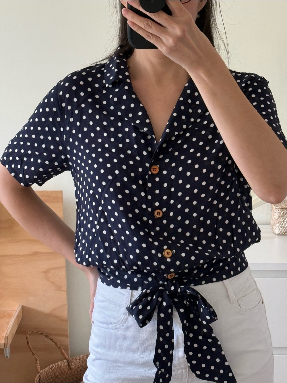 Pink Martini Navy and White Polka Dot Button-Down Tie Front Top
